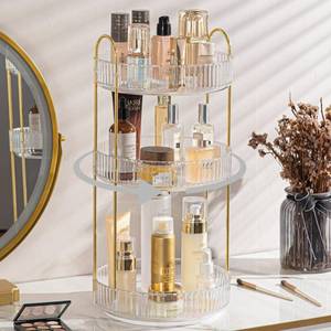 lot 16432 image: shuang qing Rotating Makeup Organizer for Vanity, Large Capacity Skincare Perfume Storage, Bathroom Counter Organizer, 360 Spinning Cosmetic Dresser Countertop Organizers (Clear, 3 Tier) - Retail $21