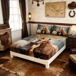 lot 16435 image: UEVBF White Brown Horses Fitted Sheets Twin Size,Watercolor Painting Autumn Leaves Bedding Set for Kids Bedroom Horse Decor,Natural Scenery Aesthetics Fitted Sheets,1 Fitted Sheet2 Pillowcases. - Retail $25