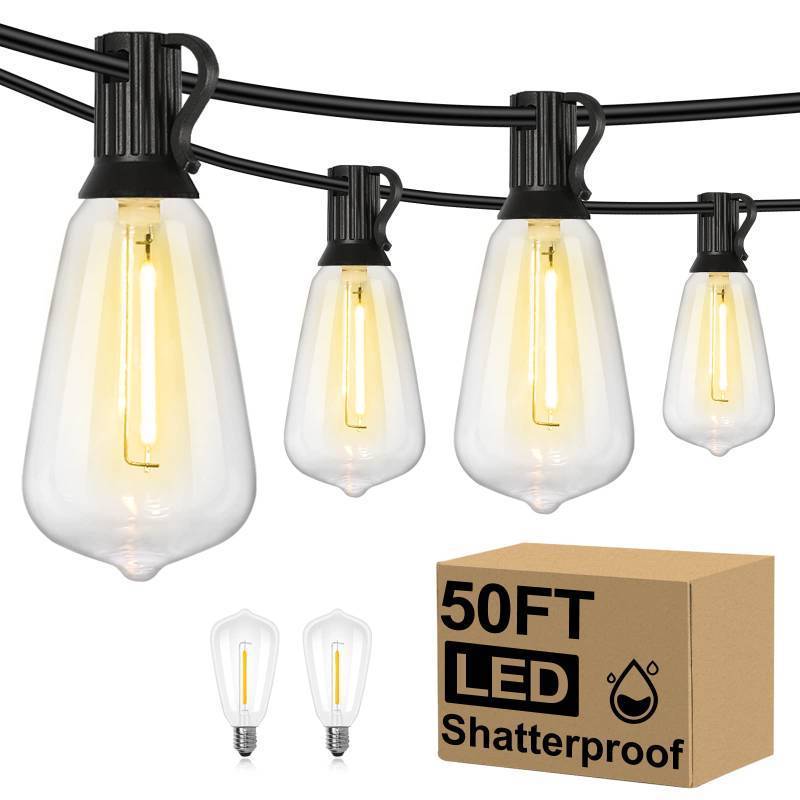lot 54970 image: 50FT Outdoor String Lights Waterproof, 2700K Bright LED Patio Lights with 27 ST38 Shatterproof Vintage Bulbs, Retro Connectable Edison String Lights for Outside, Garden, Balcony, Porch - Retail $25