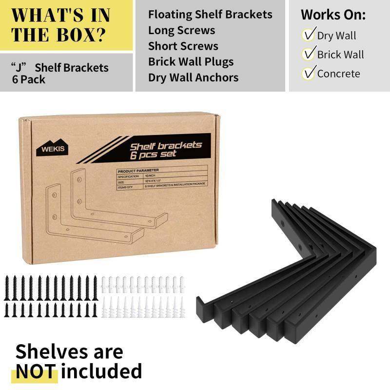 lot 72313 image: Shelf Bracket, Heavy Duty Floating Shelf Brackets 10-Inch Long, 6-Pack Brackets for Shelves, Black Coated J Shape Metal Wall Shelf Support Brackets with 15-Inch Thick and 160 lb. Load Capacity - Retail $26