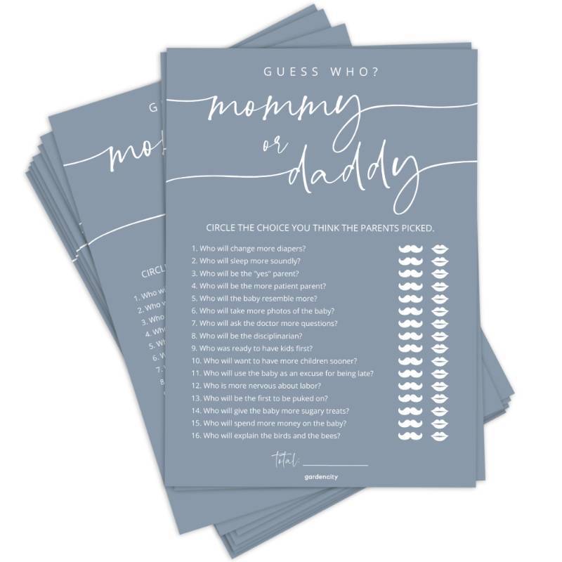 lot 35067 image: 50 Mommy or Daddy Baby Shower Game Cards, Fun Baby Shower Games Activity, Gender Neutral Boy or Girl - Blue - Retail $13