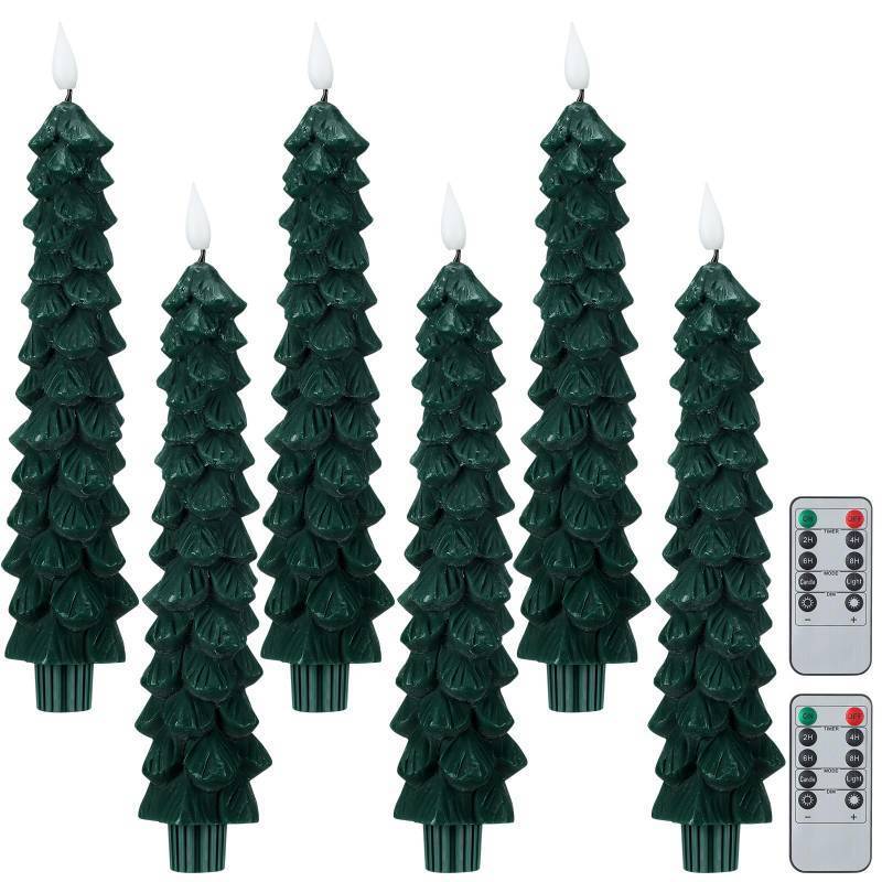 lot 35110 image: 6 Pcs LED Christmas Tree Flameless Taper Candles Real Wax Battery Operated Candlestick Lights with 3D Flame and Remote Timer Window Fireplace(Green, Christmas Tree) - Retail $28