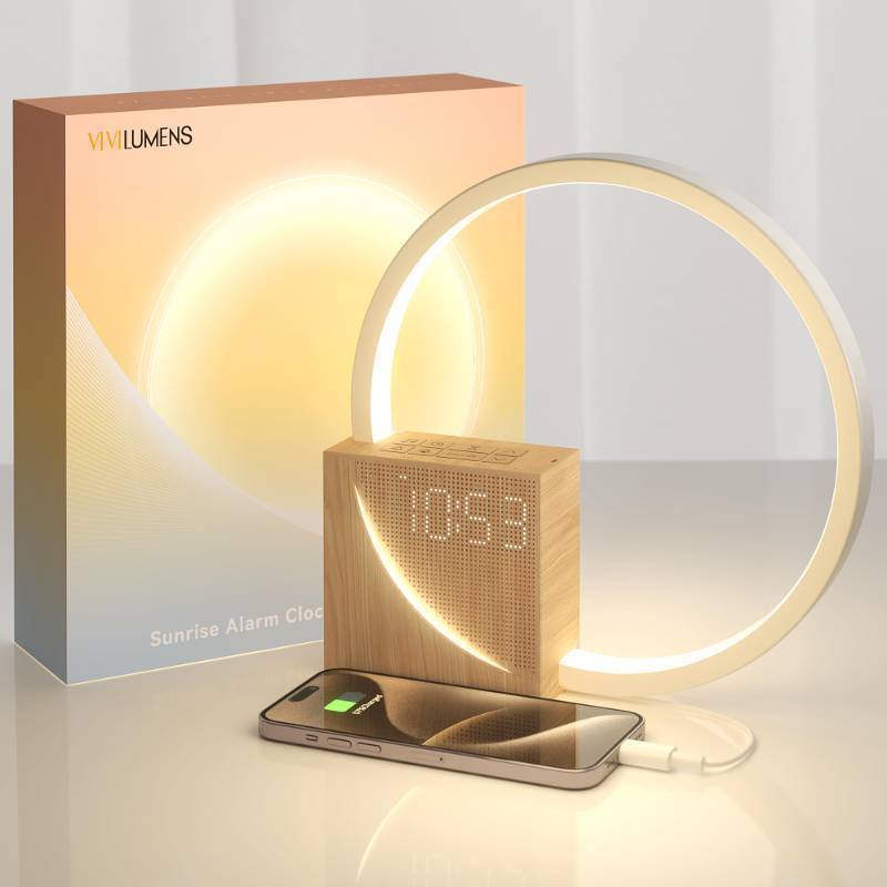 lot 35119 image: Sunrise Alarm Clock for Heavy Sleepers Adults, Wake-up Light, Sleep Aid 10 White Noise Sound Machines with 306090 Timer, 3 Level Dimmable Touch Table Lamp with Snooze USB Charger Port - Retail $39