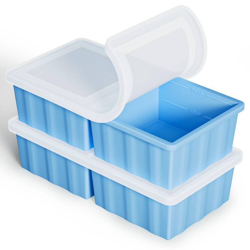 lot 35142 image: Silicone Freezer Tray for Soup Ice Cubes 2-Cup Freezing Tray with Lid for Meal Prep - 2Pack Silicon Soup Portion Freeze Trays Make Stock Souped Ice Cube - Retail $14