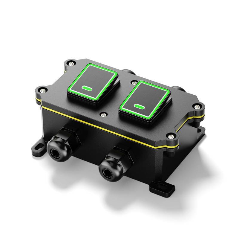 lot 15579 image: UL Certified Waterproof Toggle Switch, DPDT 12V-24V 30A Outdoor Power Switch, IP65 Aluminum Electrical Box with 4X PG9 Ports, for Marine RV Landscape Lighting(Green Light) - Retail $24