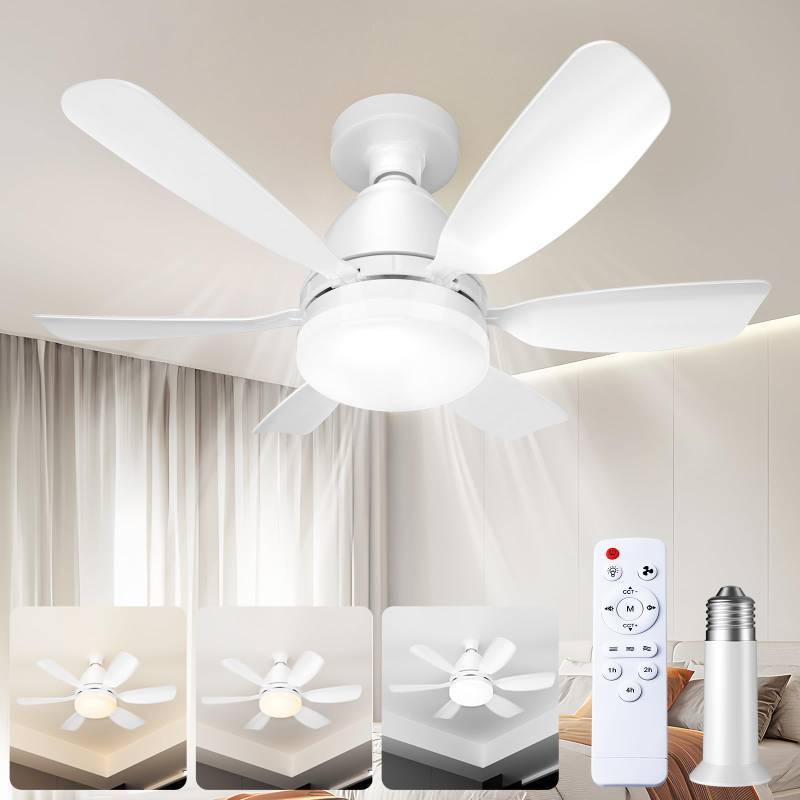 lot 15582 image: Socket Fan Light Ceiling Fans with Lights and Remote, Dimmable LED 3 Colors 3000K-6500K, 1556 Lumens Light Bulb Screw in Ceiling Fan for Bedroom, Kitchen, Living Room, Closet - Retail $20