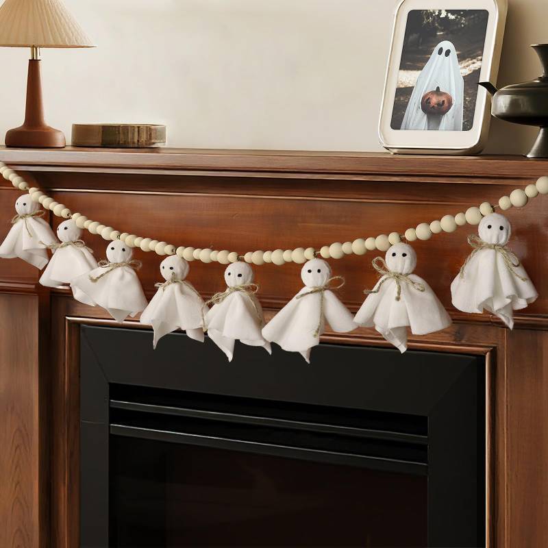 lot 25611 image: 7.2 FT Halloween Garland Ghost Decorations, Adjustable Hanging Cute Ghost Garland Mantel Decor, Handmade Wooden Beads Halloween Banner for Fireplace Home Room Indoor Outdoor Office Wall Party Supplies - Retail $10
