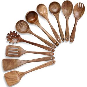 lot 62065 image: Wooden Spoons for Cooking, 10PCS Natural Acacia Wood Kitchen Utensils Set, Wooden Utensil Set for Nonstick Cookware, Smooth Finish, Sturdy & Durable - Retail $28