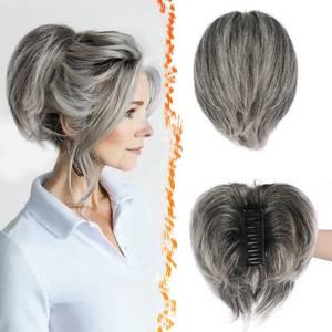 lot 62070 image: Claw Clip Short Human Hair Ponytail Extension - DIY Styles 8 Inch Real Human Hair Gray Messy Bun Hairpieces for Women - Thick Natural Short Ponytail with Bendable Metals Daily Wear - Retail $32