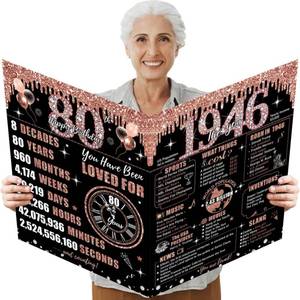 lot 62075 image: Large 80th Birthday Card for Women with Envelope, Black Rose Gold Happy 80th Birthday Guest Book Gifts Jumbo Eighty Greeting Card 1945 Decorations Party Supplies - Retail $10