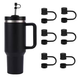 lot 62088 image: 6PCS Silicone Straw Covers Cap Compatible with Stanley Cup 30-40 oz Tumbler with Handle 10mm Straw Toppers Dust-Proof Reusable Straw Cover for Stanley Cup Accessories (Black) - Retail $4