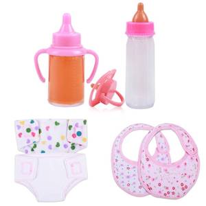 lot 62112 image: Baby Doll Accessories Set 7 Pcs Feeding and Caring Set with Magic Disappearing Bottles, Pacifier, Diapers and Bibs Doll Pretend Play Gift for Kids - Retail $10