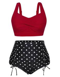 lot 62131 image: Hanna Nikole Plus Size High Waist Swimsuit V Neck Bathing Suit and Pants Set Red and Polka Dots 12 Plus - Retail $32