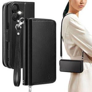 lot 62151 image: iPhone 17 Crossbody Wallet Case - Stylish PU Leather Handbag Phone Purse with Zipper Closure, Card Slots & RFID Blocking - Wrist Strap, Lanyard, Kickstand - Black - Retail $31