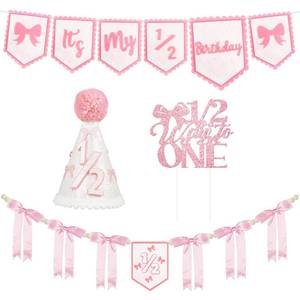 lot 62156 image: 12 Birthday Girl Half Birthday Decorations Pink Bow Its My 12 Birth Banner Glitter Cake Topper Ribbon Bow Wood Bead High Chair Banner & Cone Hat 6 Months birthday Decorations Party Supplies (Pink) - Retail $18