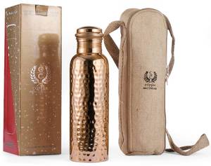 lot 62169 image: Pure Copper Water Bottle 34 Ounce with Jute Carry Bag Hammered Leakproof Ayurvedic Copper Vessel for Drinking Water - Reusable Bottle for Home, Office, Gym, Travel & Gifting - Retail $50