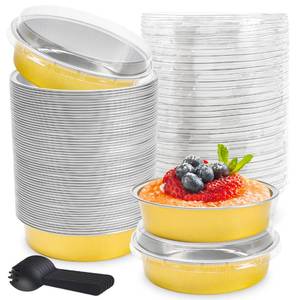 lot 62174 image: NPLUX 8oz Mini Cake Pans with Lids Round Aluminum Mini Foil Cake Tins Baking Pans for Party Wedding Picnics(Gold, 25PACK) - Retail $14