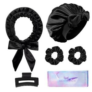 lot 62177 image: Fgail Heatless Hair Curler and Double Layer Satin Bonnet Set for Overnight Curls - No Heat Curling Rod with silk Bonnet, Sleep-In Safe for LongMedium Hair, Frizz-Free Waves & Volume(Black) - Retail $10