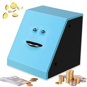 lot 62180 image: Face Bank, Piggy Bank Coin Eater Funny Bank, sunsbell Money Eating Coin Bank Piggy Bank Boalord, Battery Powered Money Saving Box, Wacky Coin Jar Face Coin Bank - Blue the bottom might have a crack see Picture for reference - Retail $10