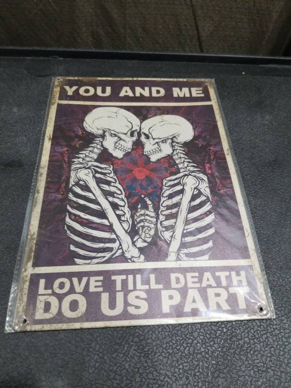 lot 3096 image: Skeleton Couple Metal Sign - Love Till Death