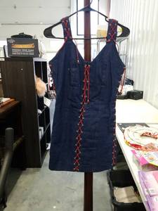 lot 4104 image: Denim Mini Dress with Red Lace-Up Details Size Unknown