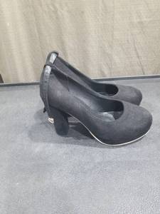 lot 4182 image: Black Suede Platform Pumps with Gold Trim Size 8.5