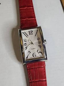 lot 1403 image: Rectangular Japanese Quartz Watch with Red Leather Band