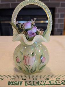 lot 26 image: Fenton Hand-Painted Opalescent Glass Basket with Pink Tulips