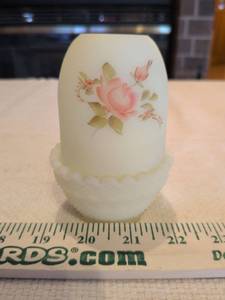 lot 28 image: Fenton Pink Rose Glass Candle Holder and Hurricane Shade