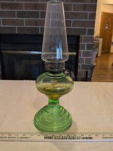 lot 33 image: Green Glass Oil Lamp with Embossed Base