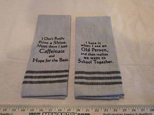lot 34 image: Humorous Cotton Tea Towels Set - Coffee and Age Themed