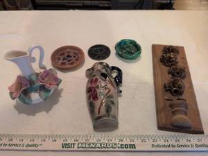 lot 42 image: Home Decor Lot With Wall Hangings, Floral Pitcher and Coasters