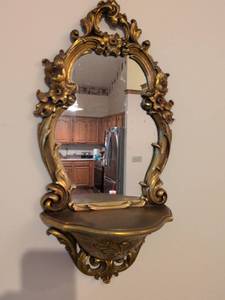 lot 47 image: Ornate Bronze Color Wall Mirror with Shelf