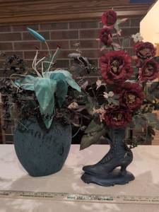 lot 91 image: Victorian Style Boot Vase with Teal Ceramic Planter
