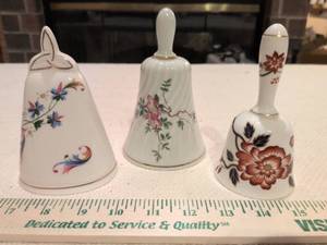 lot 113 image: Set of 3 Danbury Mint Decorative Porcelain Bells - Royal Tara, Haviland, Crown