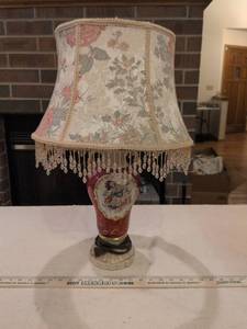lot 160 image: Floral Porcelain Table Lamp with Crystal Beaded Shade