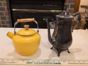 lot 174 image: Mid-Century Yellow and Black Enamel Teapot, Silverware Coffee Pot