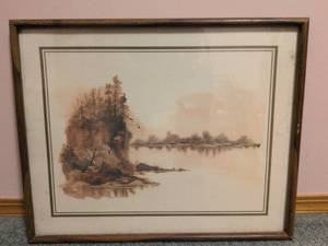 lot 215 image: Framed Lakeside Landscape Watercolor Print
