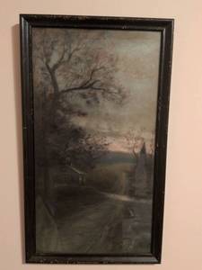 lot 243 image: Moody Landscape Oil Painting in Black Frame