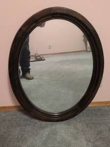 lot 261 image: Large Round Dark Wood Wall Mirror