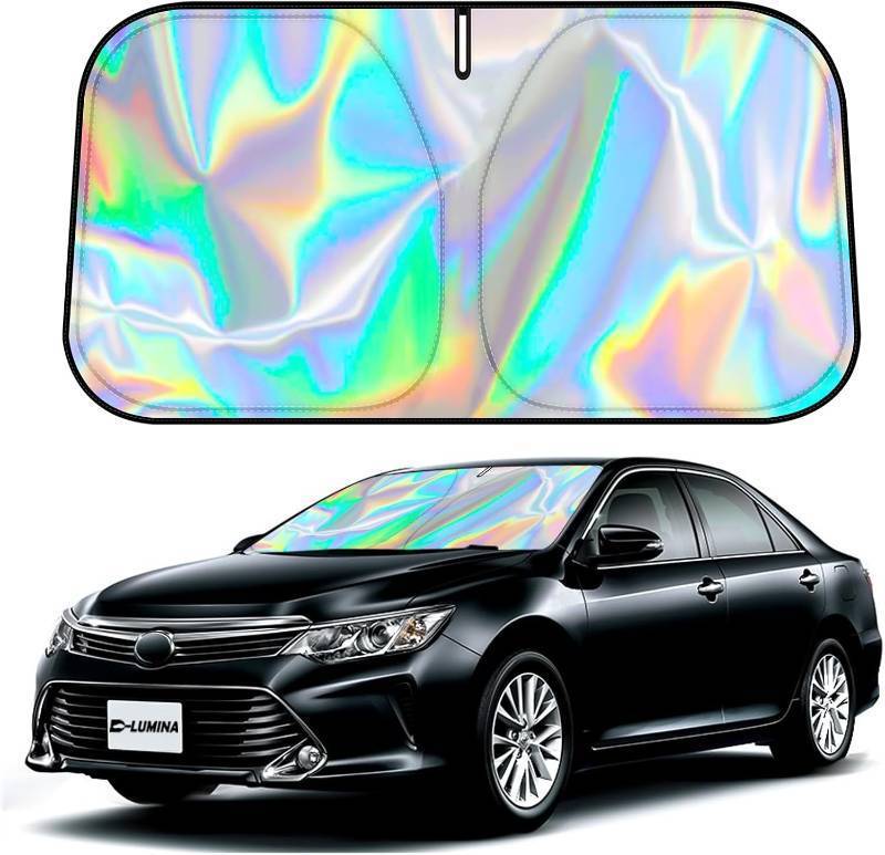lot 55964 image: D-Lumina Windshield Sun Shade for 2018-2024 Toyo-ta Camry (LE XLE Hybrid SE XSE), Iridescent Reflective Front Window Sunshade Sun Visor Protector Block UV Rays Heat, Foldable 2 Layers 300D Material