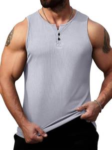 lot 56588 image: Runcati Mens Workout Tank Tops Summer Gym Muscle Ribbed Sleeveless Henley Shirt Casual Knitted Slim Fit Beach Tee Light Grey