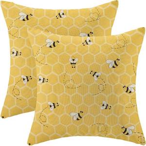 lot 56617 image: Summer Pillow Covers 20x20 Set of 2, Bee Kind Decorative Outdoor Throw Pillow Covers Linen Farmhouse Cute Yellow Bee Cushion Pillow Covers for Sofa Couch Outdoor Decor