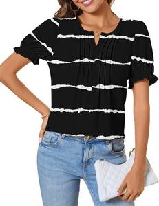 lot 56645 image: CATHY Womens V Neck Tops Puff Short Sleeve Shirts Fashion Summer Pleated Tunic Casual Work Blouse, 3XL, Stripe Black