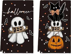 lot 56658 image: Artoid Mode Black Cat Pumpkin Ghost Halloween Kitchen Towels Dish Towels, 18x26 Inch Bats Jack-O-Lantern Decoration Hand Towels Set of 2