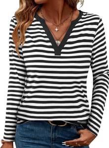 lot 56661 image: LilyCoco Womens Striped Tshirt Long Sleeve V Neck T Shirts Color Block Tops White Medium