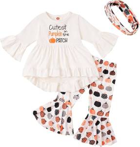 lot 56662 image: Noubeau Toddler Baby Girls Halloween Outfits Letter Print Flare Sleeve Dress Shirt Cute Pumpkin Bell-Bottoms Pants Scarf