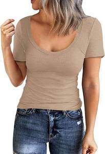lot 56704 image: Roselux Women Short Sleeve Scoop Neck Ribbed Fitted Knit Shirt Basic Tight T-Shirts