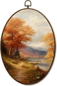 lot 56723 image: JQF Vintage Fall Oval Wall Art, Rustic Autumn Mountain Landscape Forest Oval Canvas Wall Art, Retro Moody Fall Framed Prints Hanging Decor for Home Bedroom Living Room, 8.5x11.5 Inch