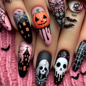 lot 56736 image: 24Pcs Halloween Press on Nails Long Fake Nails with Skull Spider Web Designs Artificial False Nails Spooky Acrylic Glue on Nails Holiday Halloween Skull Stick on Nails for Women Manicure